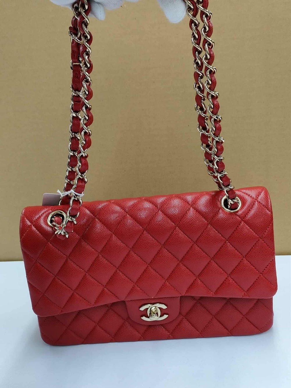 Chanel Classic Red Quilted Shoulder Bag with Champain Chain